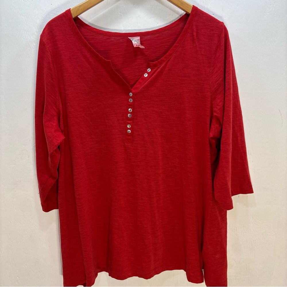 Avenue Perfect Henley Red Button-Down 3/4 Sleeve Casual Relaxed Fit Top 18/20